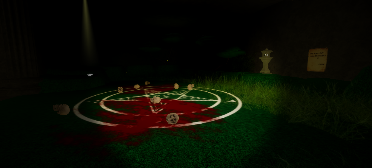 picture of a bloody pentagram in the grass in my gameplay of Roblox: Mimic